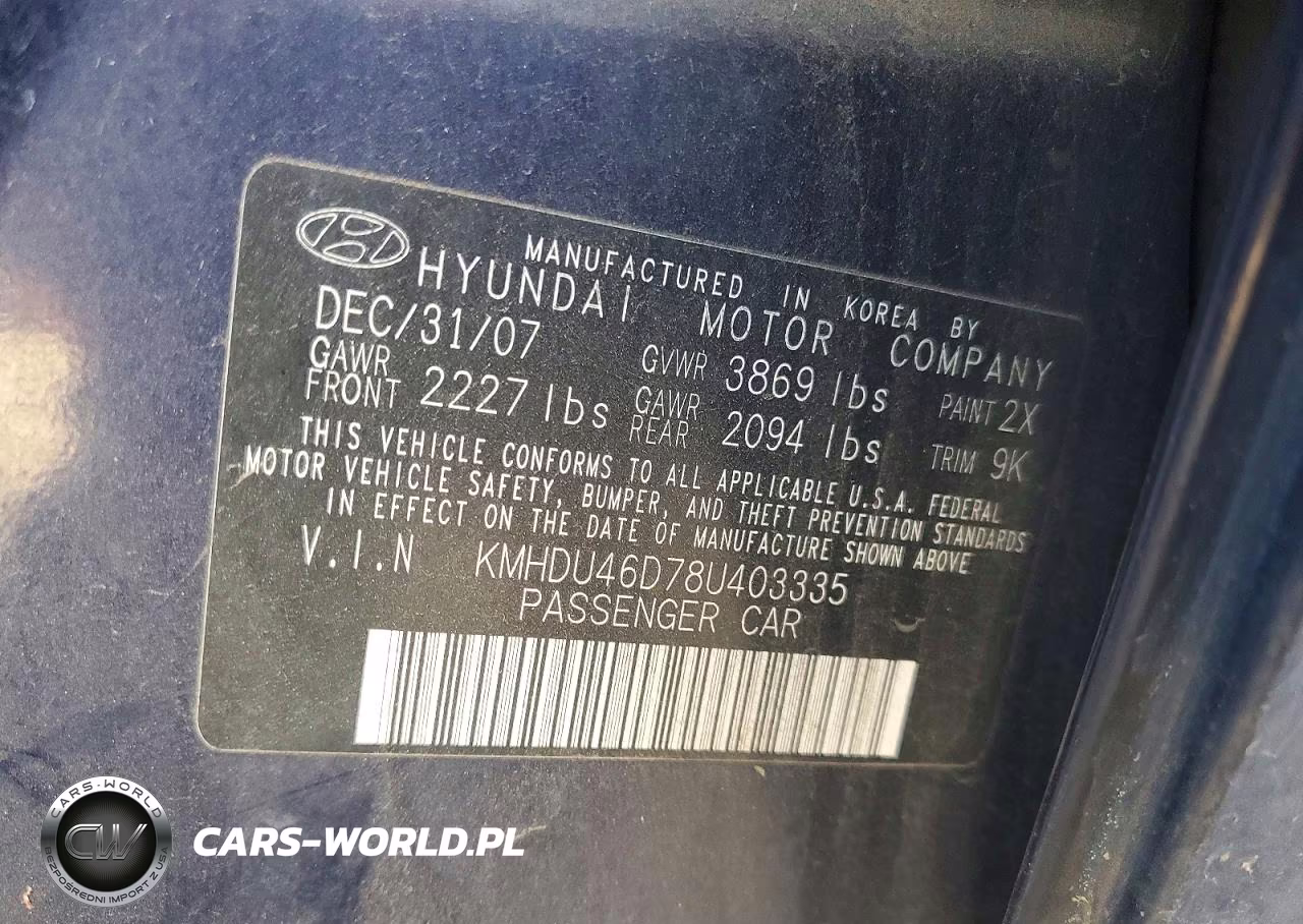 2008 Hyundai Elantra Gls VIN:KMHDU46D78U403335 - 12
