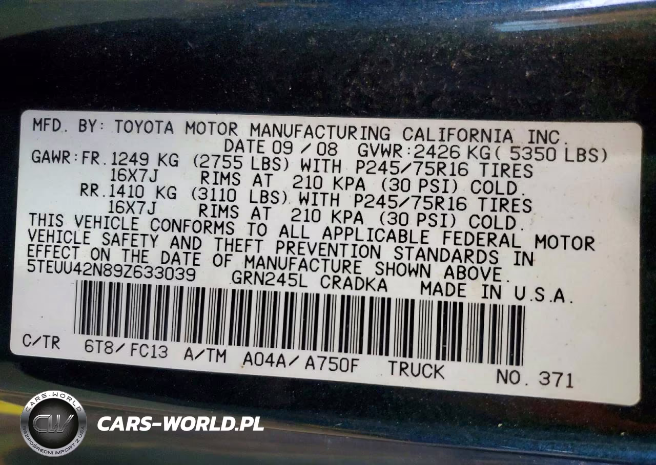 2009 Toyota Tacoma V6 VIN:5TEUU42N89Z633039 - 12