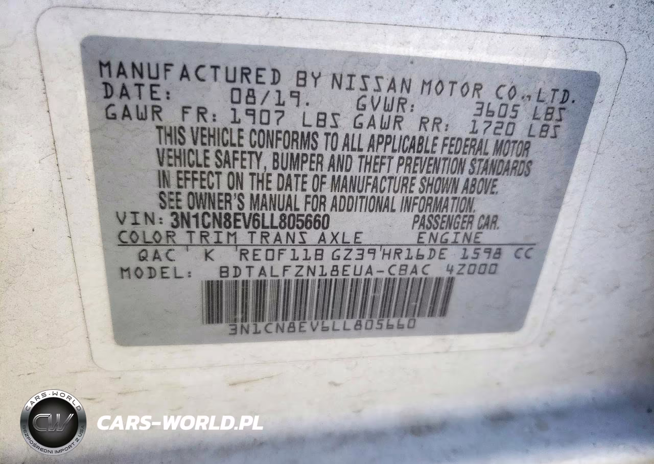 2020 Nissan Versa Sv VIN:3N1CN8EV6LL805660 - 12