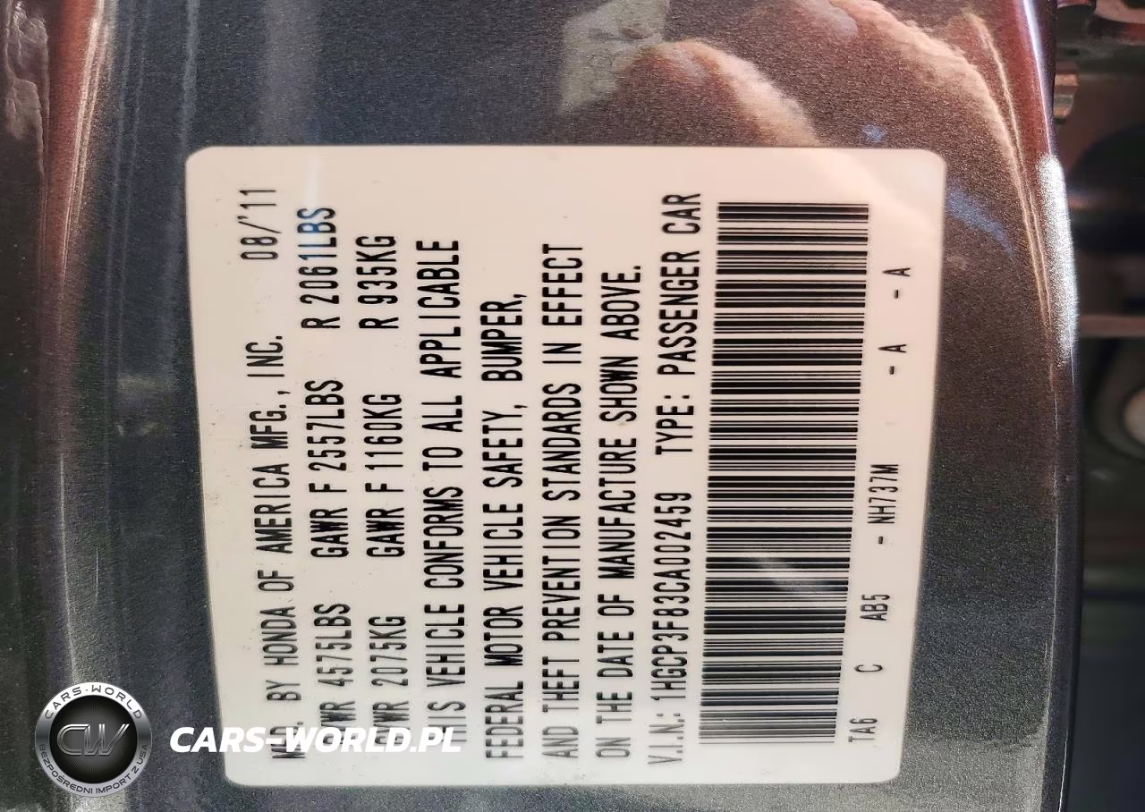 2012 Honda Accord Exl VIN:1HGCP3F83CA002459 - 12