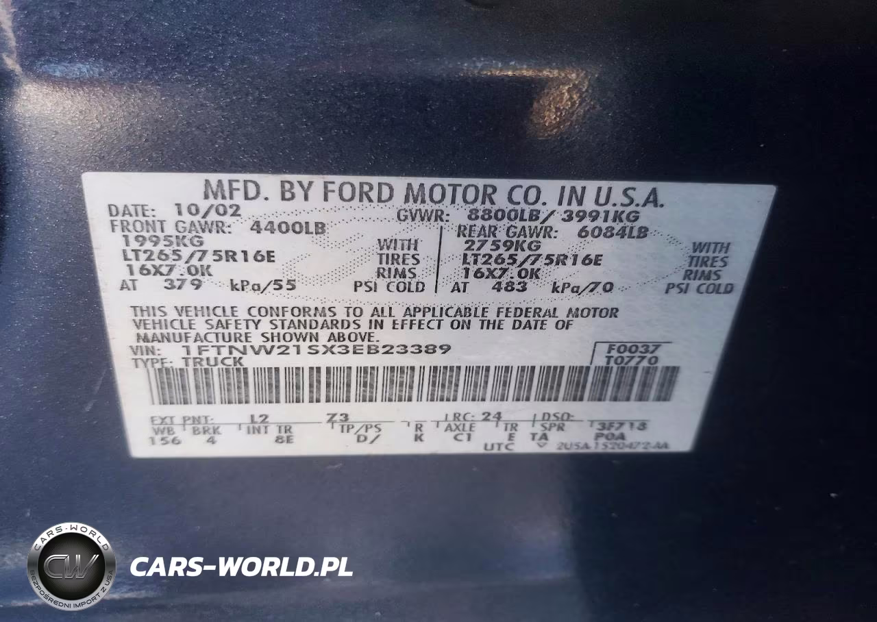 2003 Ford F250 Super Duty VIN:1FTNW21SX3EB23389 - 12