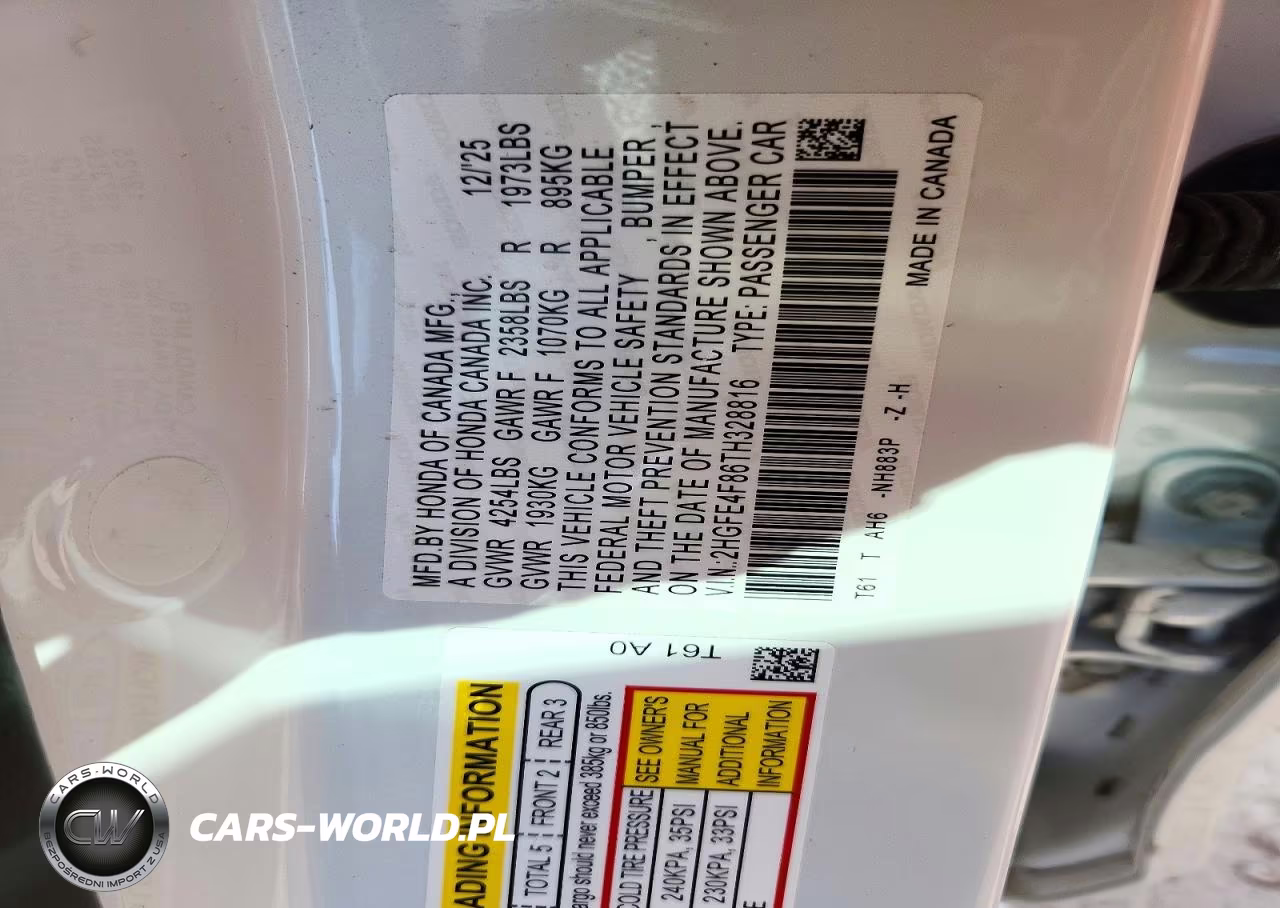 2026 Honda Civic Sport VIN:2HGFE4F86TH328816 - 14