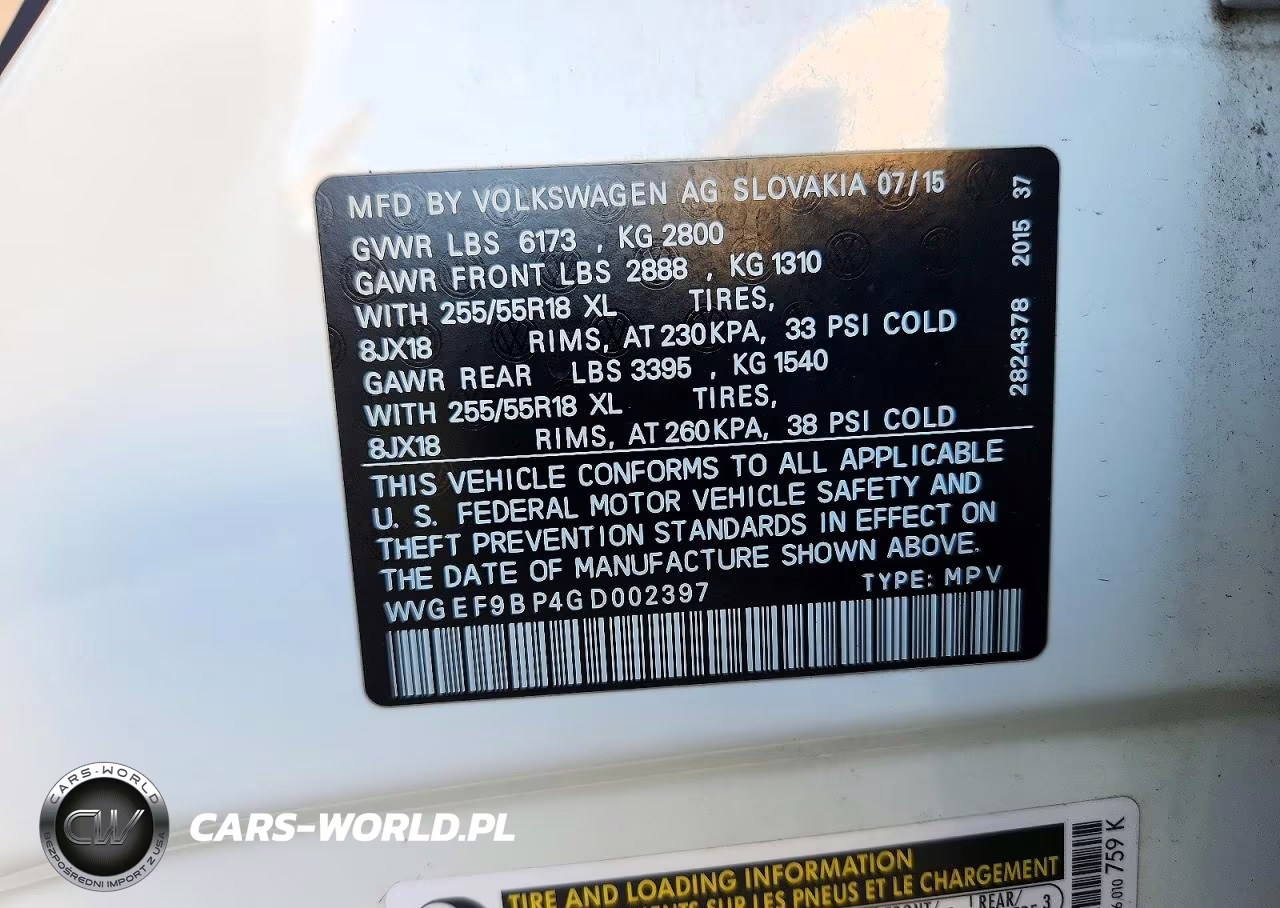 2016 Volkswagen Touareg Sport VIN:WVGEF9BP4GD002397 - 12