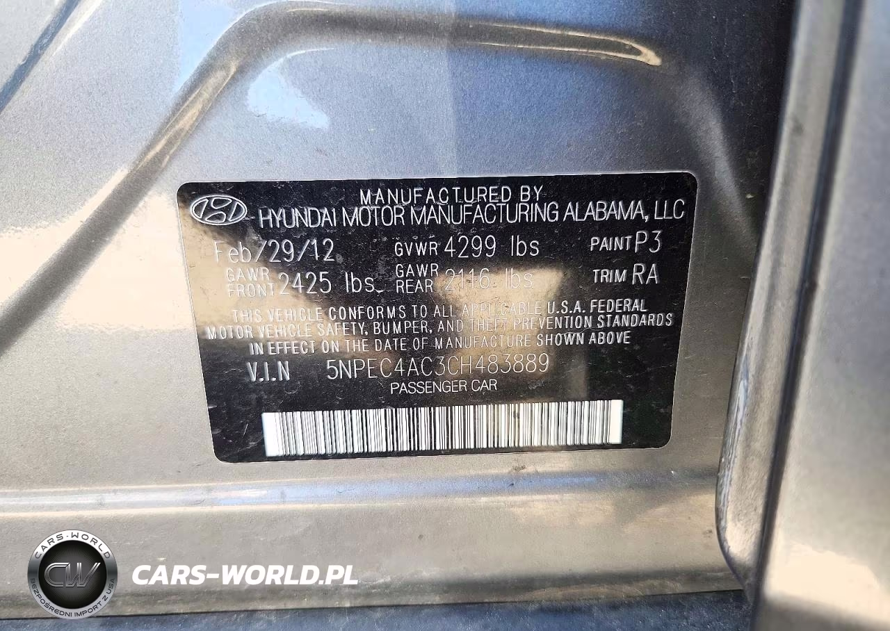 2012 Hyundai Sonata Se VIN:5NPEC4AC3CH483889 - 12