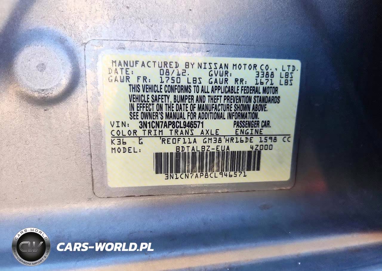 2012 Nissan Versa 1.6 S VIN:3N1CN7AP8CL946571 - 12
