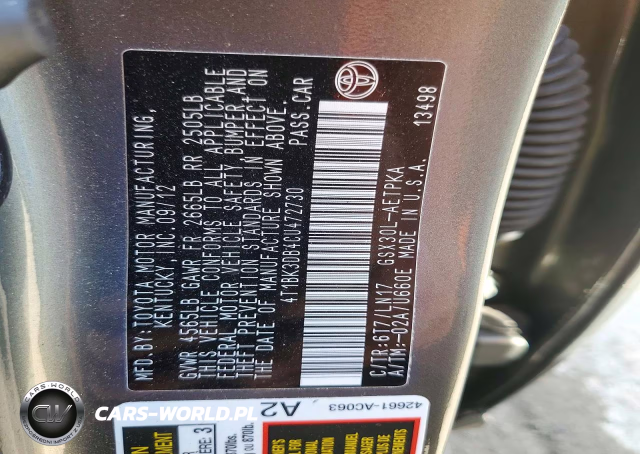 2012 TOYOTA AVALON BASE VIN:4T1BK3DB4CU472730 - 13