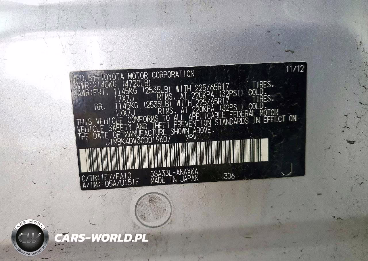 2012 Toyota Rav4 Base VIN:JTMBK4DV3CD019607 - 12