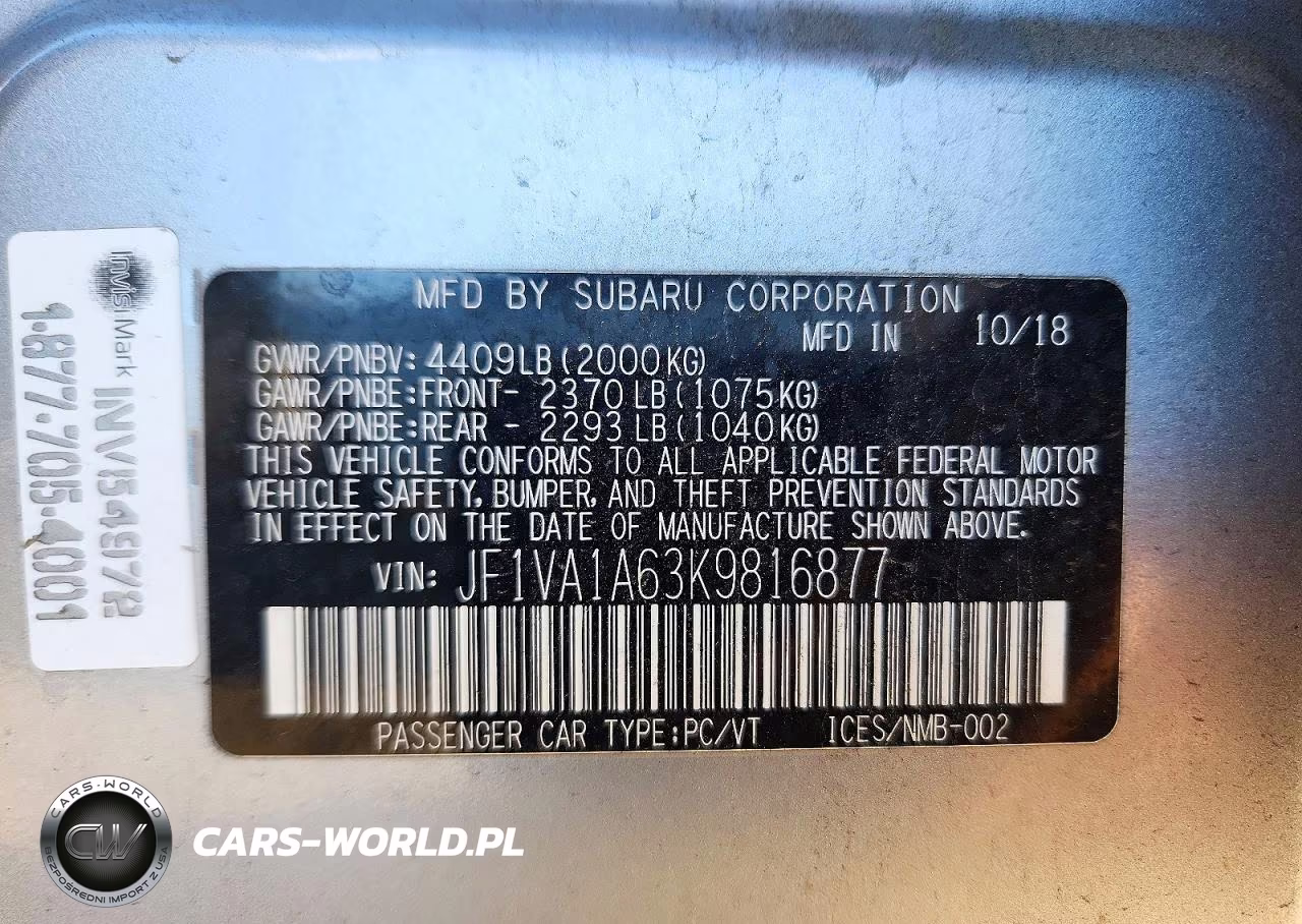 2019 Subaru Wrx VIN:JF1VA1A63K9816877 - 12