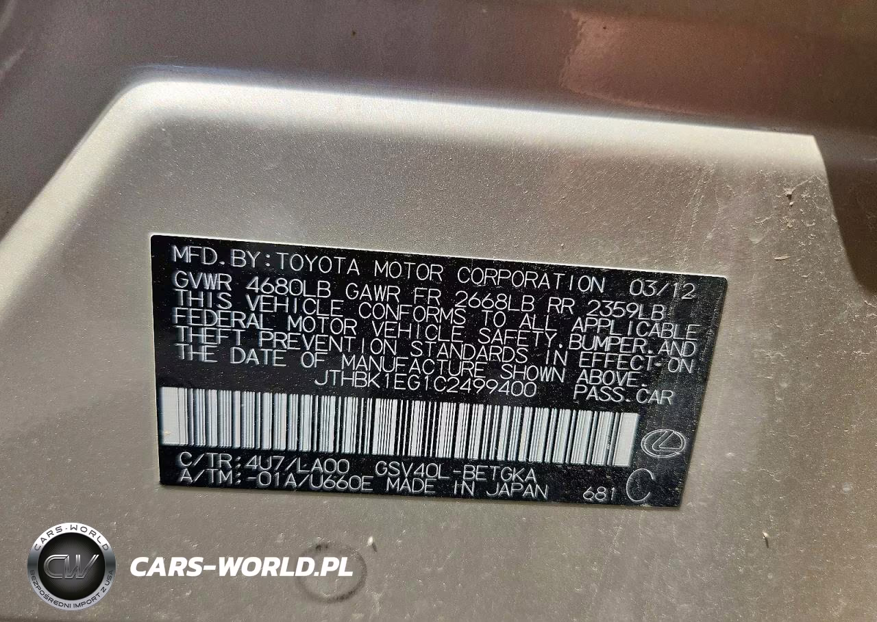 2012 Lexus Es 350 VIN:JTHBK1EG1C2499400 - 13