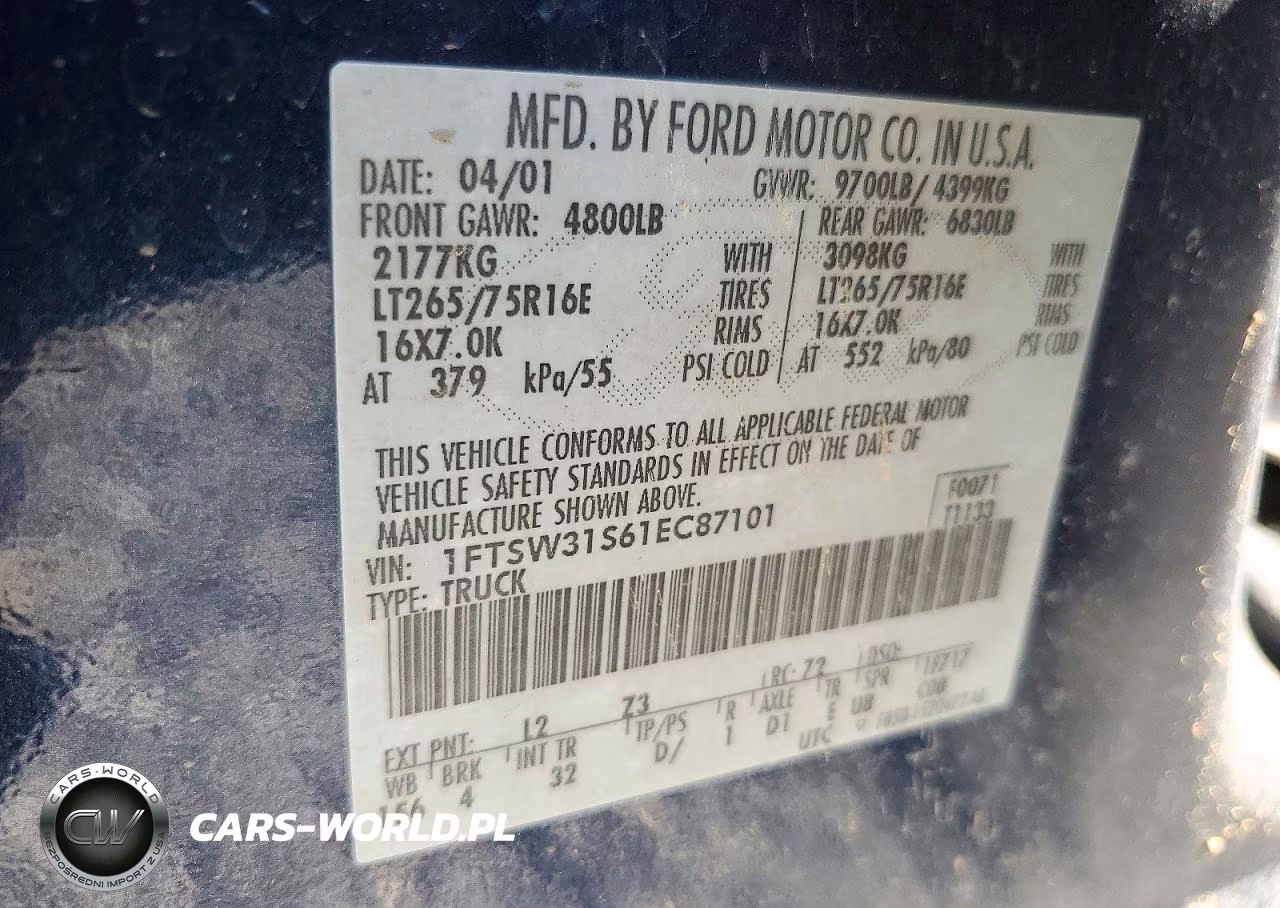 2001 Ford F350 Srw Super Duty VIN:1FTSW31S61EC87101 - 12