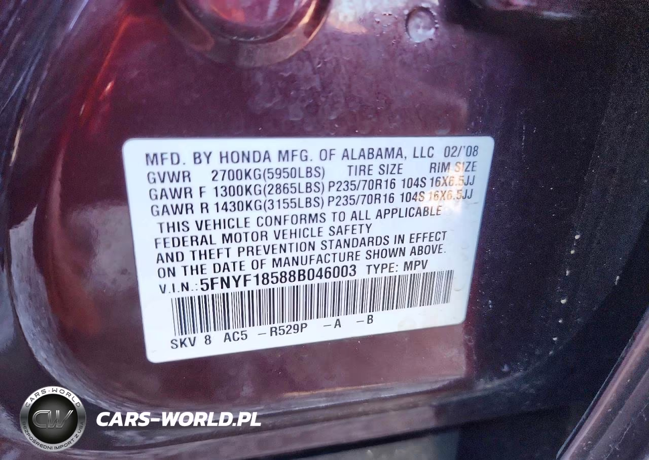 2008 Honda Pilot Exl VIN:5FNYF18588B046003 - 13