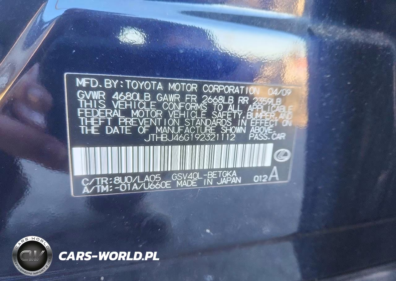 2009 Lexus Es 350 VIN:JTHBJ46G192321112 - 12
