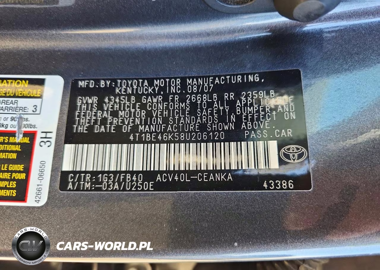 2008 Toyota Camry Le VIN:4T1BE46K58U206120 - 12