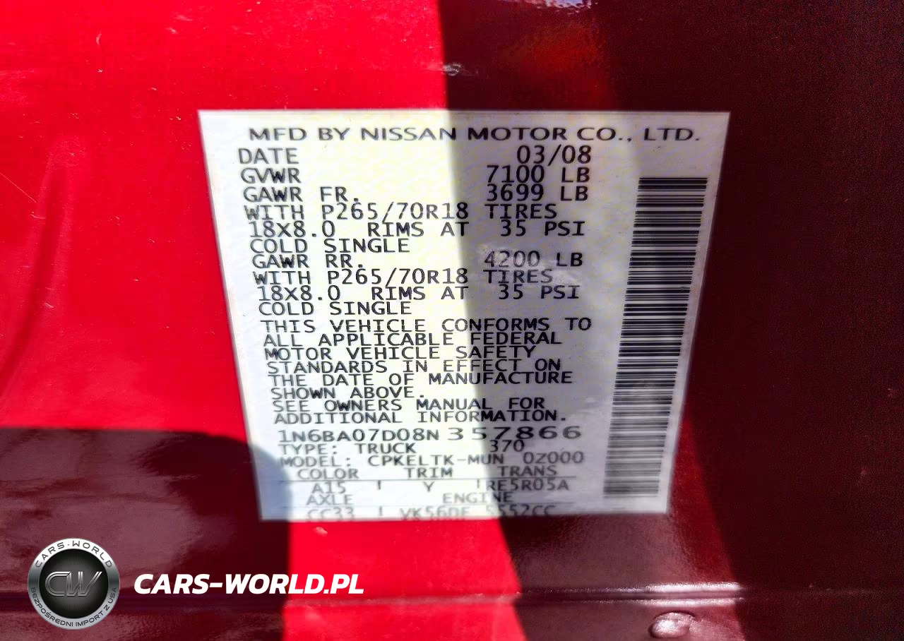 2008 Nissan Titan Xe Ffv VIN:1N6BA07D08N357866 - 12