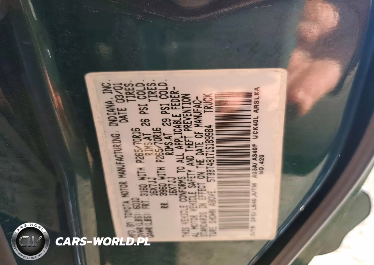 2001 Toyota Tundra Access Cab Limited VIN:5TBBT48171S189984 - 12