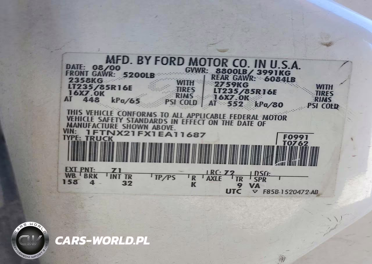 2001 Ford F250 Super Duty VIN:1FTNX21FX1EA11687 - 12