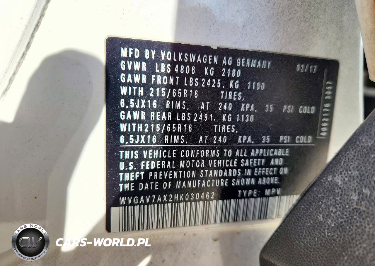 2017 Volkswagen Tiguan S VIN:WVGAV7AX2HK030462 - 13