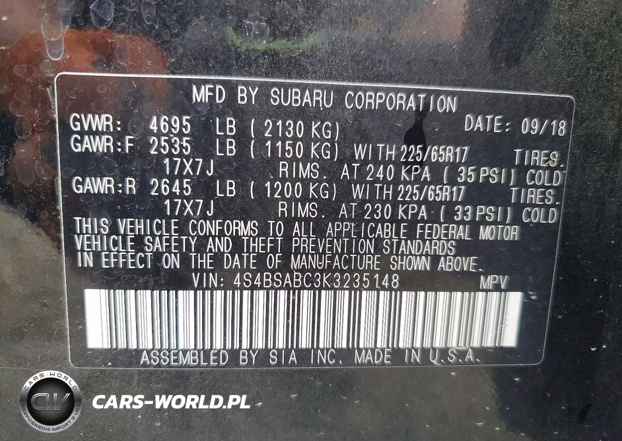 2019 Subaru Outback 2.5I VIN:4S4BSABC3K3235148 - 13