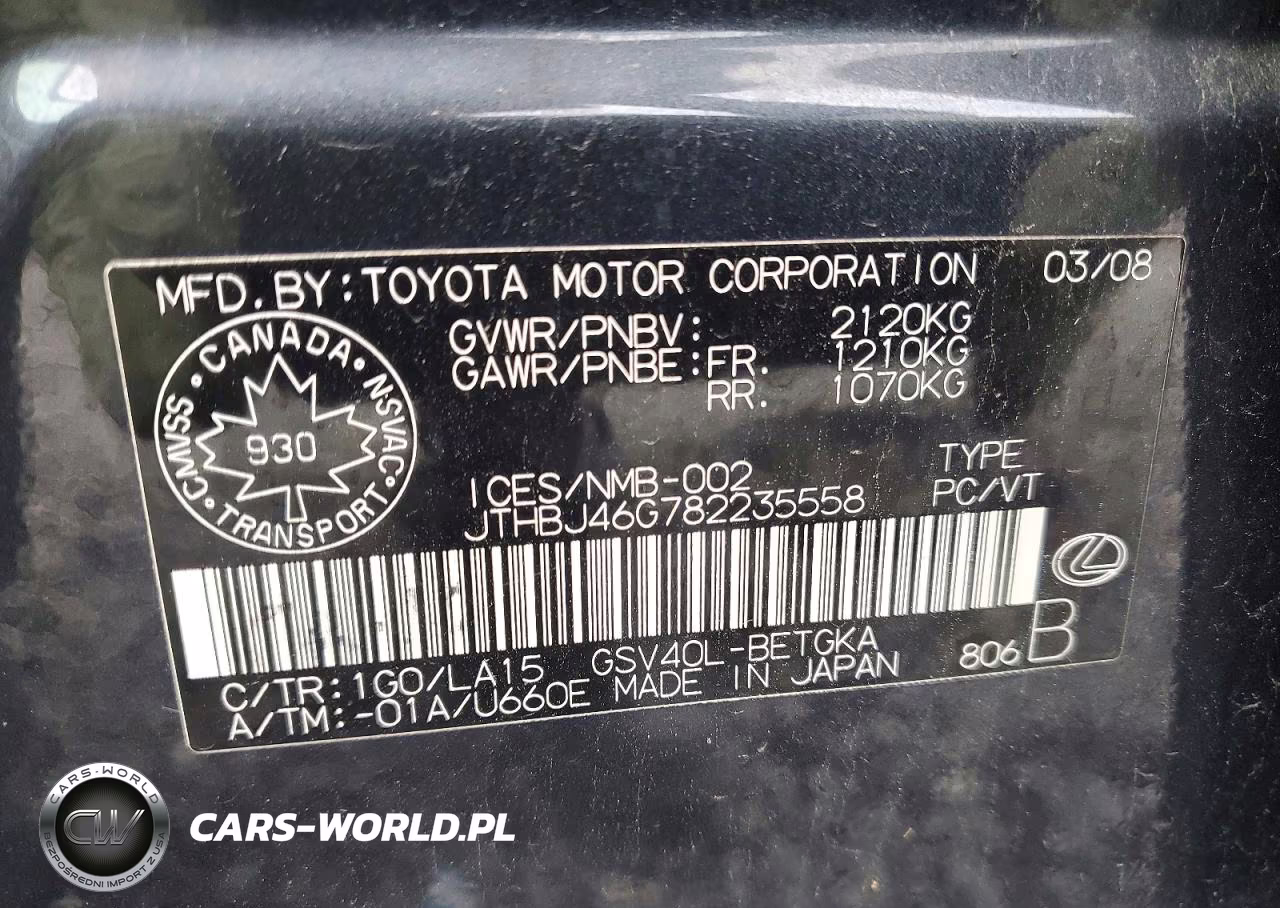 2008 Lexus Es 350 VIN:JTHBJ46G782235558 - 12