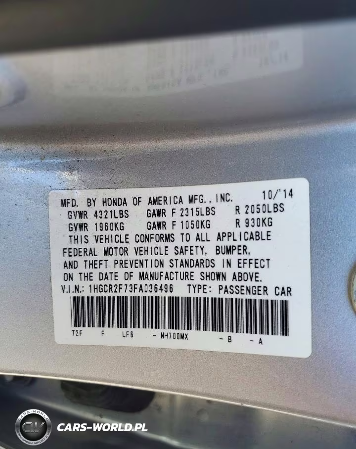 2015 Honda Accord Ex VIN:1HGCR2F73FA036496 - 12