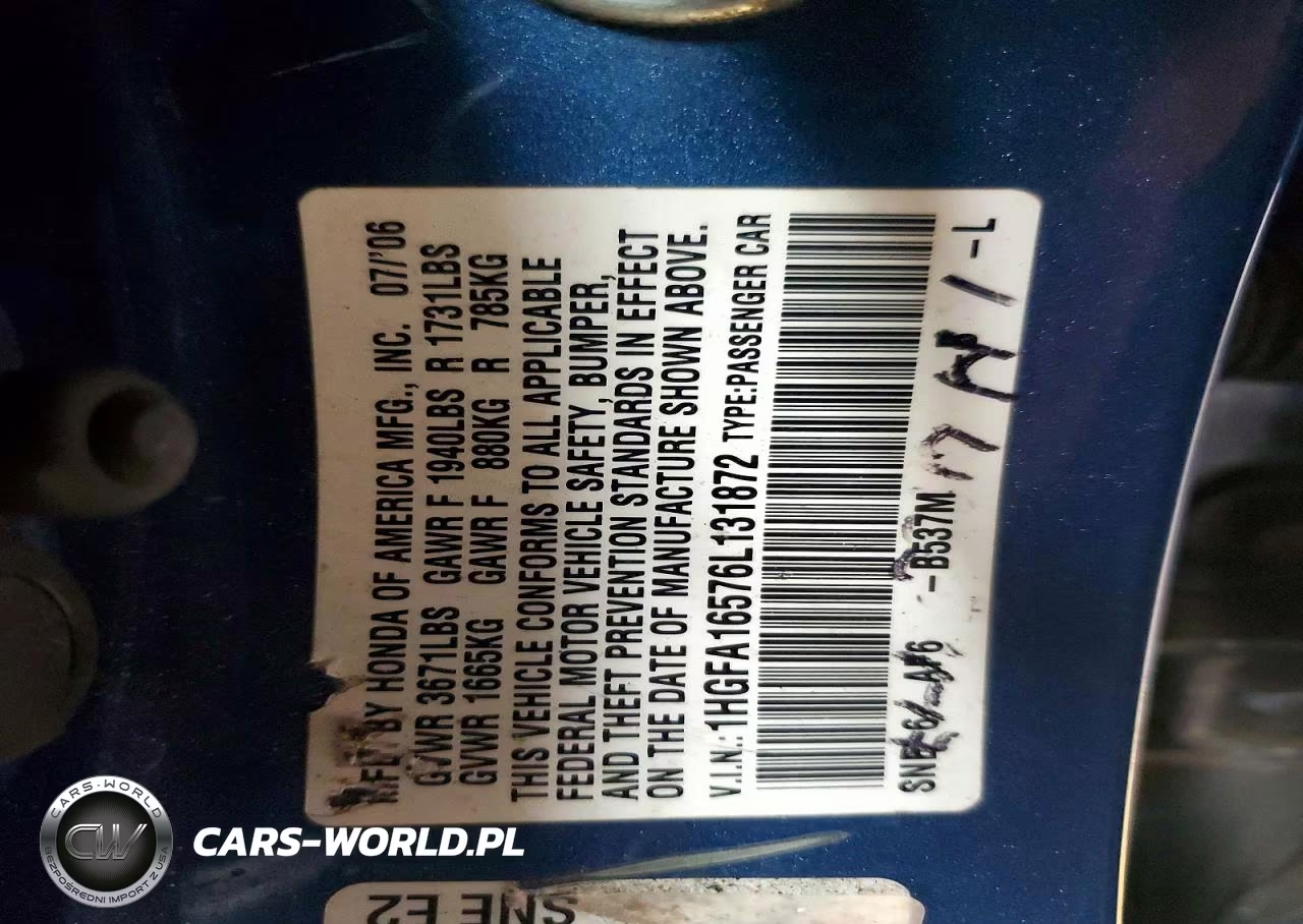 2006 Honda Civic Lx VIN:1HGFA16576L131872 - 12