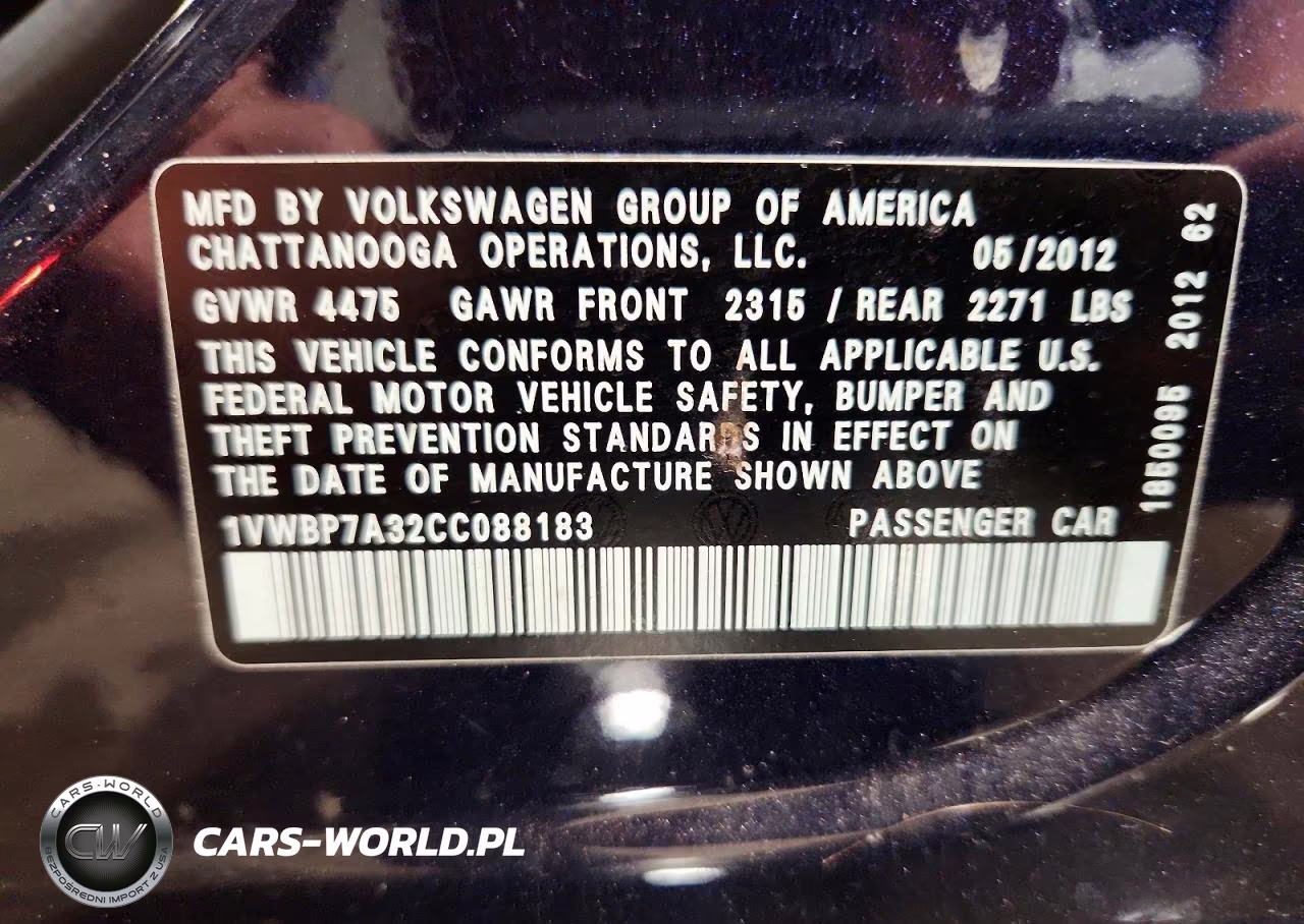 2012 Volkswagen Passat Se VIN:1VWBP7A32CC088183 - 12