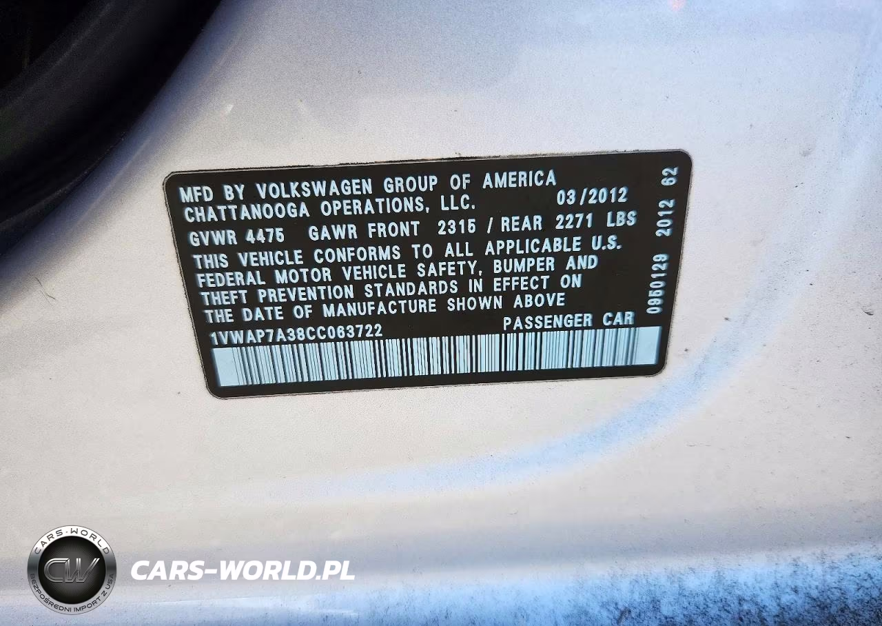 2012 Volkswagen Passat S VIN:1VWAP7A38CC063722 - 12