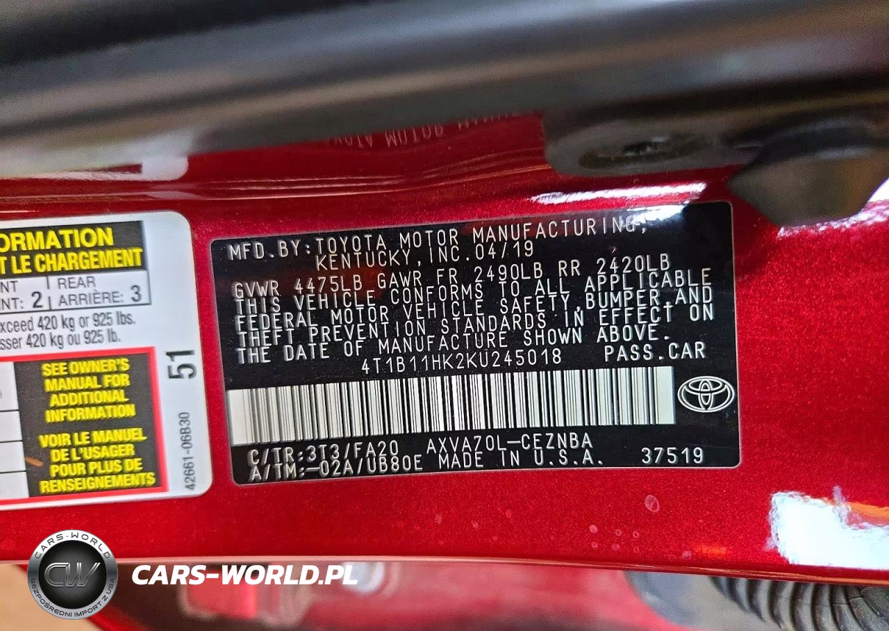 2019 Toyota Camry Le VIN:4T1B11HK2KU245018 - 12