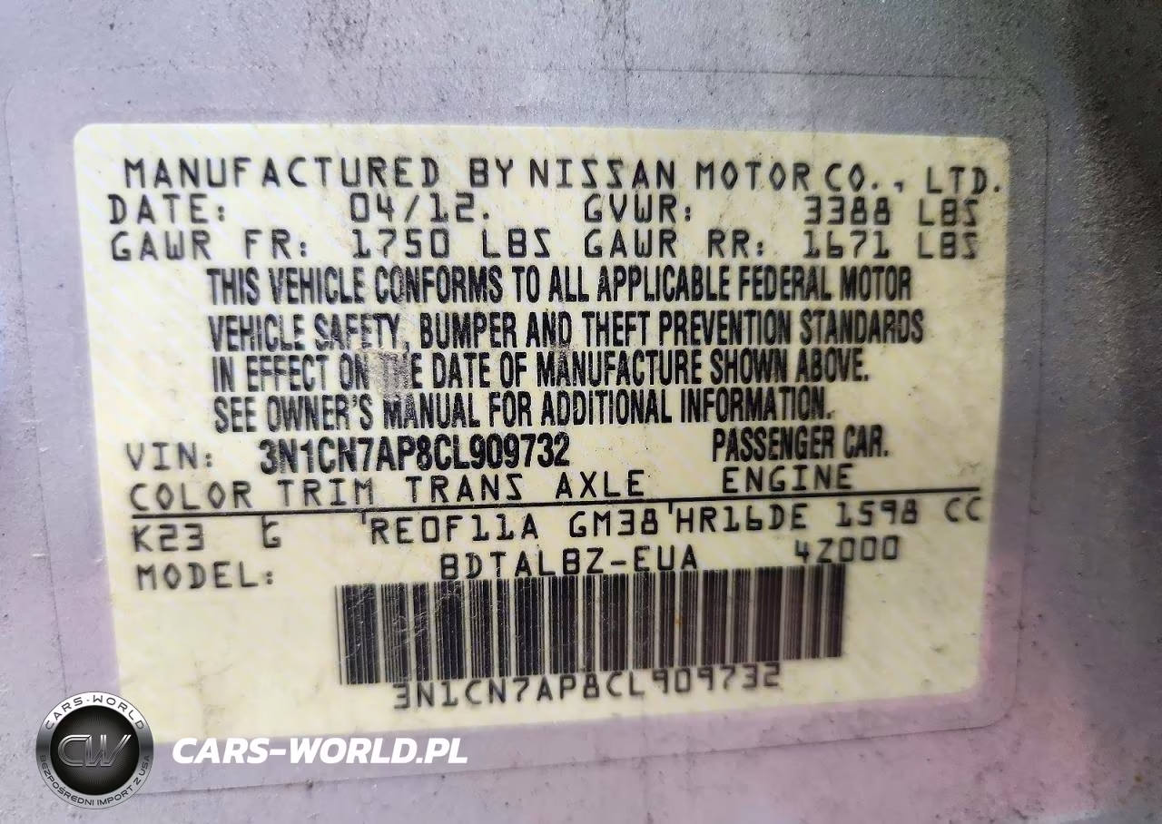 2012 Nissan Versa 1.6 S VIN:3N1CN7AP8CL909732 - 12