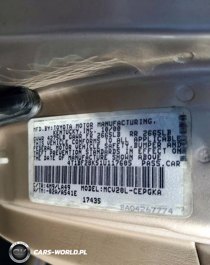 2001 Toyota Camry Xle V6 VIN:4T1BF28K51U117605 - 12