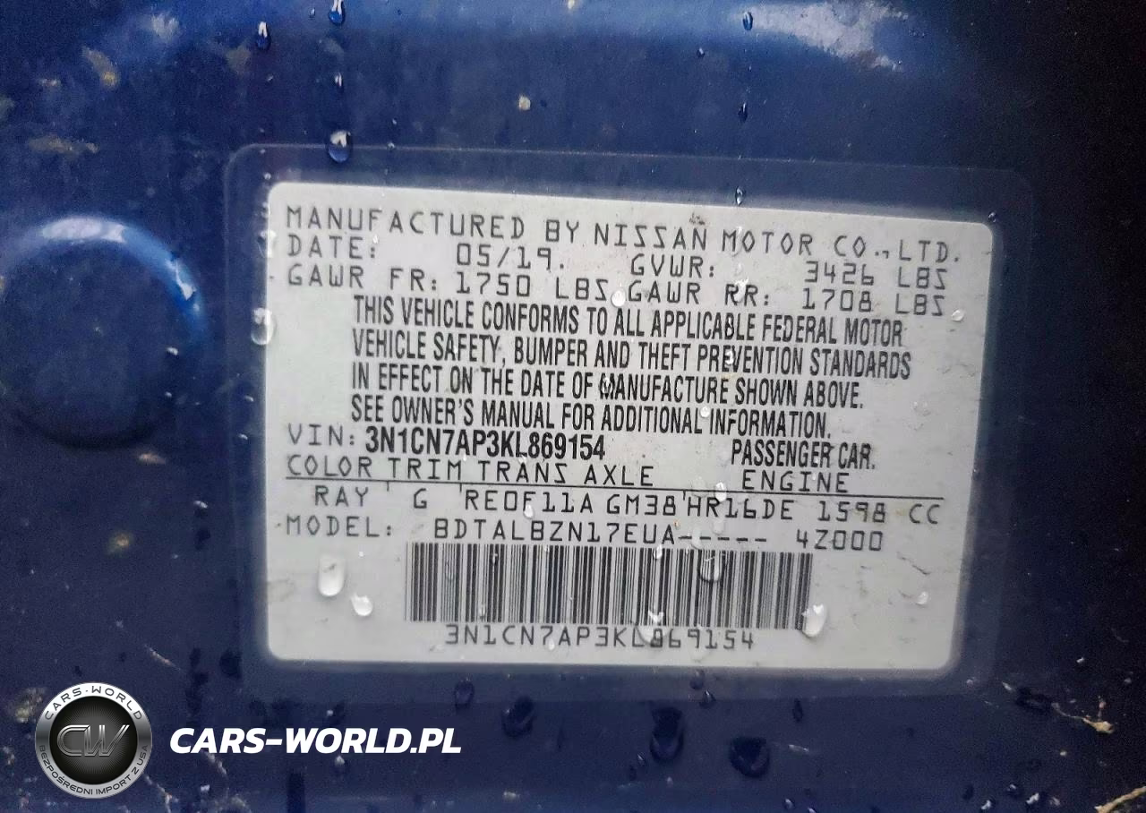 2019 Nissan Versa Sv VIN:3N1CN7AP3KL869154 - 12
