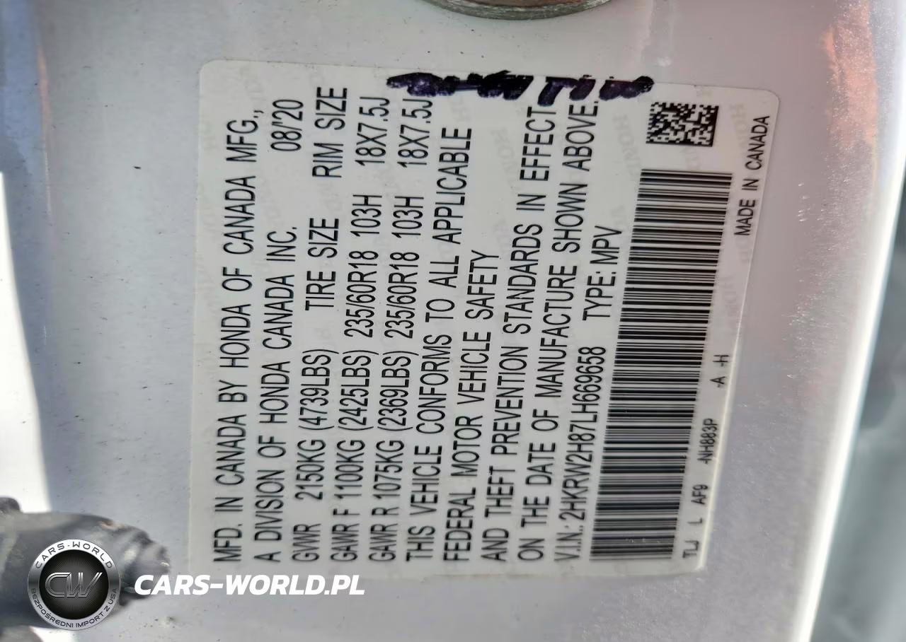 2020 Honda Cr-V Exl VIN:2HKRW2H87LH669658 - 13