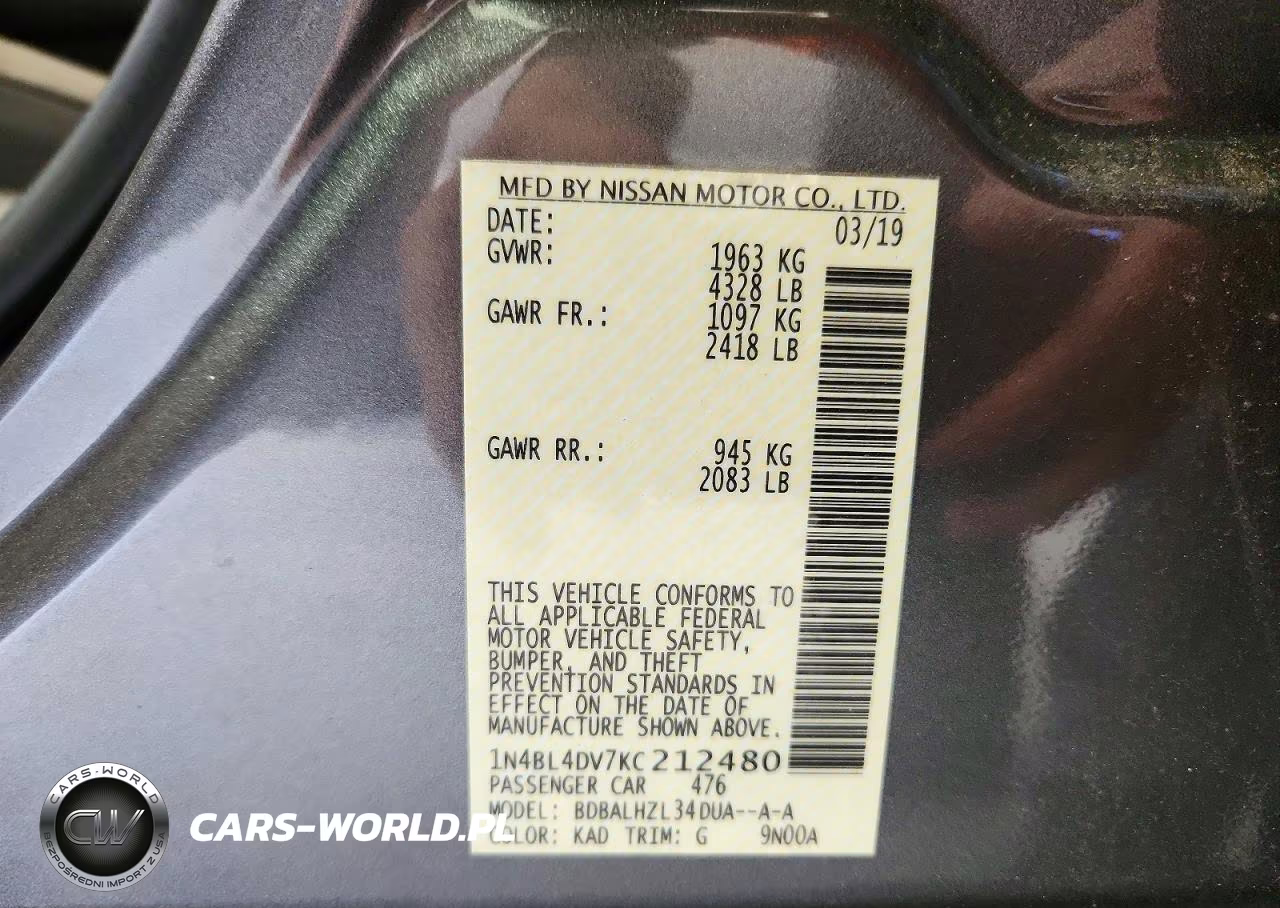 2019 Nissan Altima Sv VIN:1N4BL4DV7KC212480 - 12