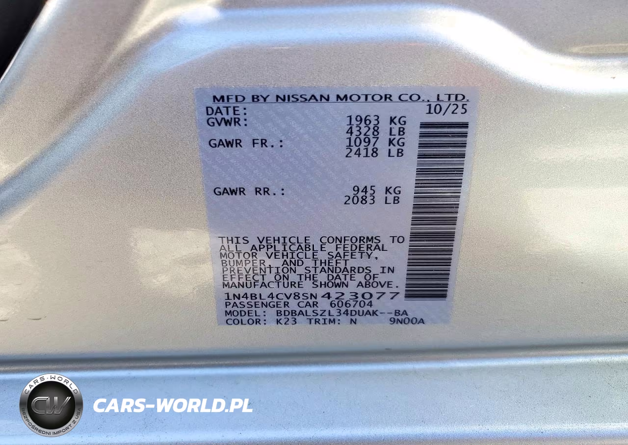 2025 Nissan Altima Sr VIN:1N4BL4CV8SN423077 - 13