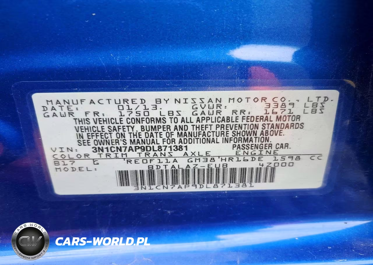 2013 Nissan Versa 1.6 S VIN:3N1CN7AP9DL871381 - 12