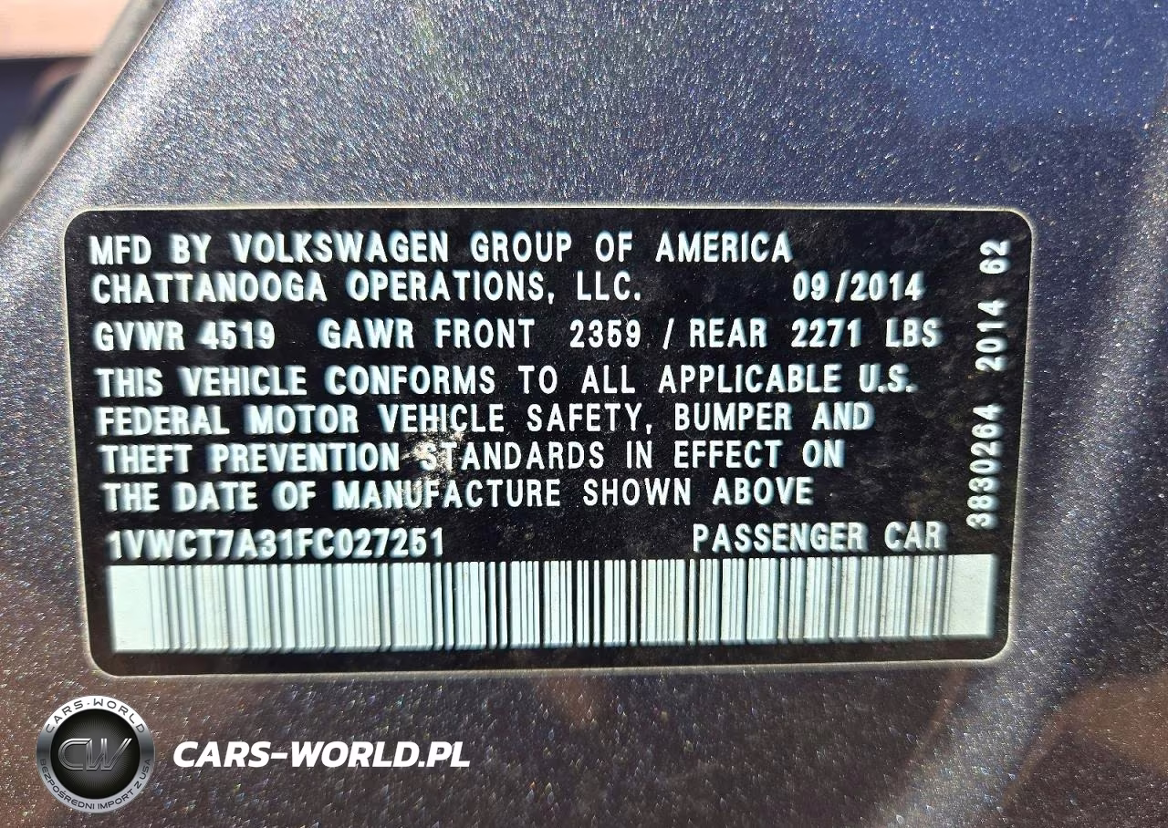 2015 Volkswagen Passat Sel VIN:1VWCT7A31FC027251 - 12