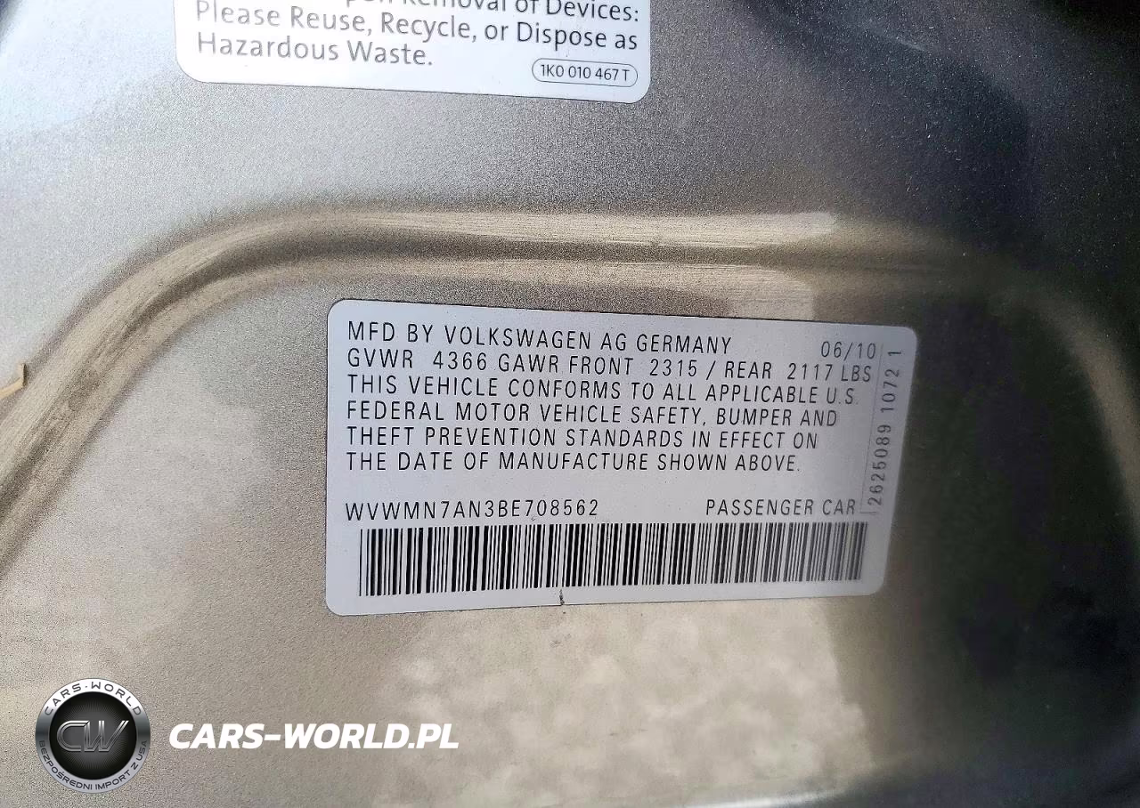 2011 Volkswagen Cc Sport VIN:WVWMN7AN3BE708562 - 12