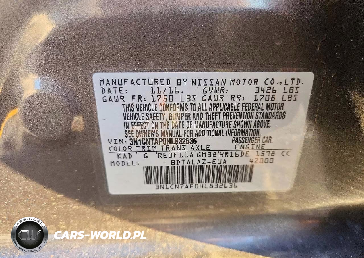 2017 Nissan Versa 1.6 S Plus VIN:3N1CN7AP0HL832636 - 12