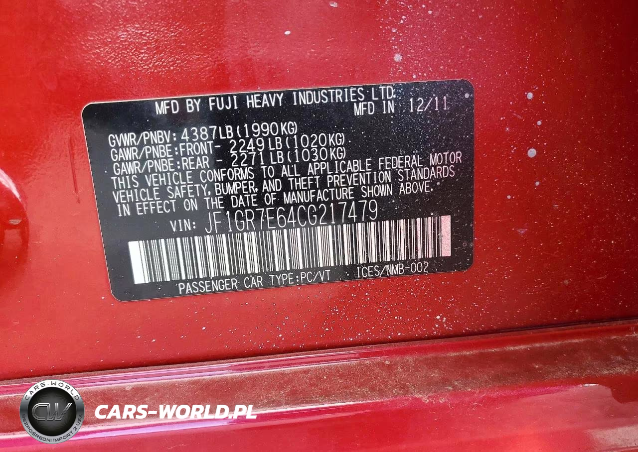 2012 Subaru Impreza Wrx VIN:JF1GR7E64CG217479 - 12
