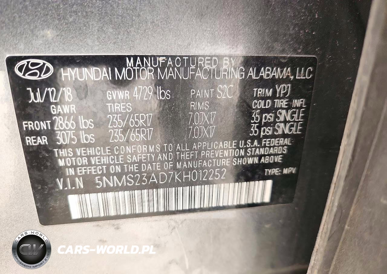 2019 Hyundai Santa Fe Se VIN:5NMS23AD7KH012252 - 13