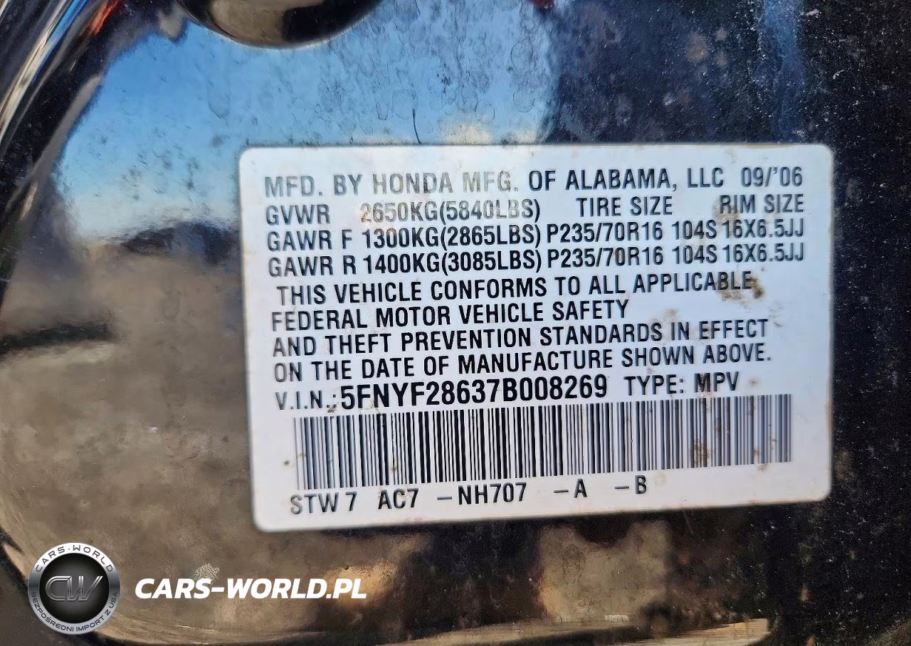 2007 Honda Pilot Exl VIN:5FNYF28637B008269 - 13