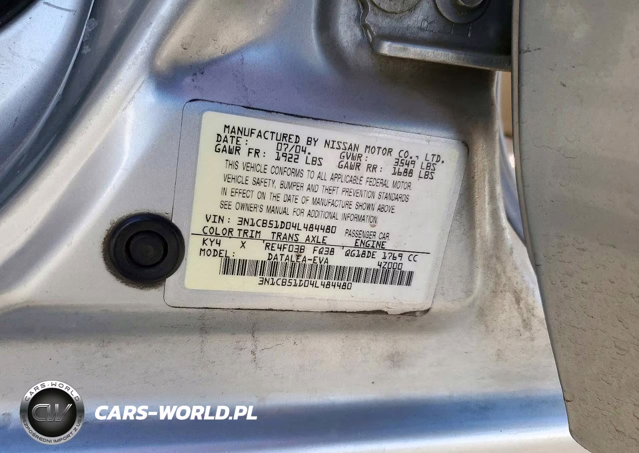 2004 Nissan Sentra 1.8 VIN:3N1CB51D04L484480 - 12