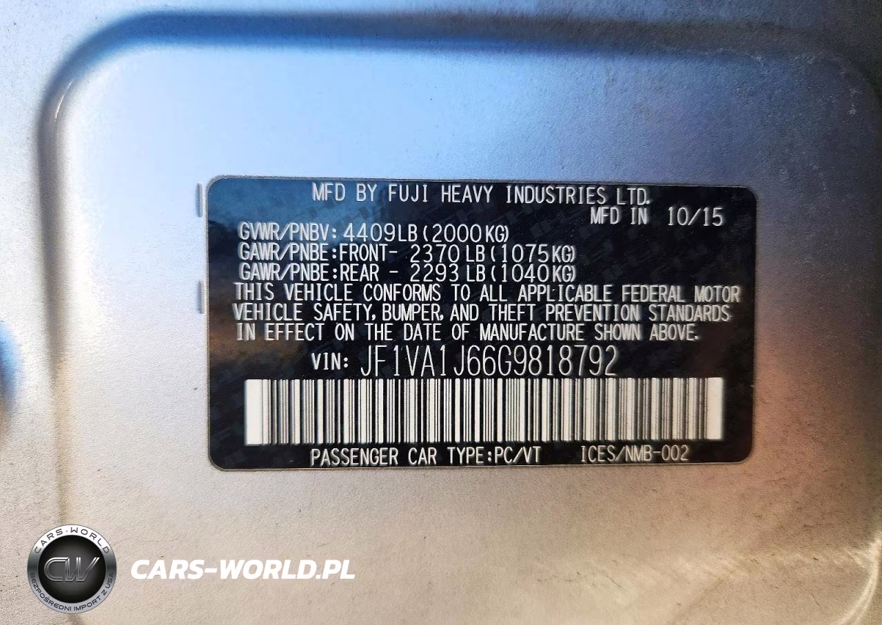 2016 Subaru Wrx Limited VIN:JF1VA1J66G9818792 - 12