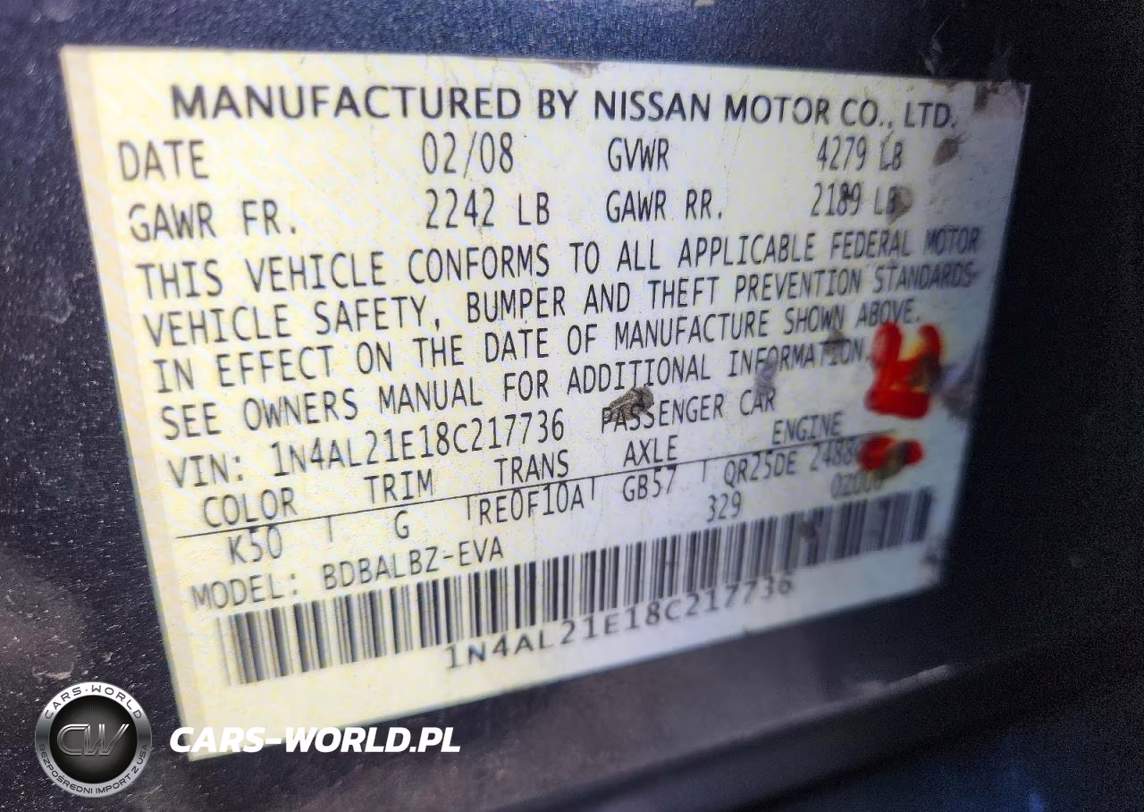2008 Nissan Altima 2.5 Sl VIN:1N4AL21E18C217736 - 12