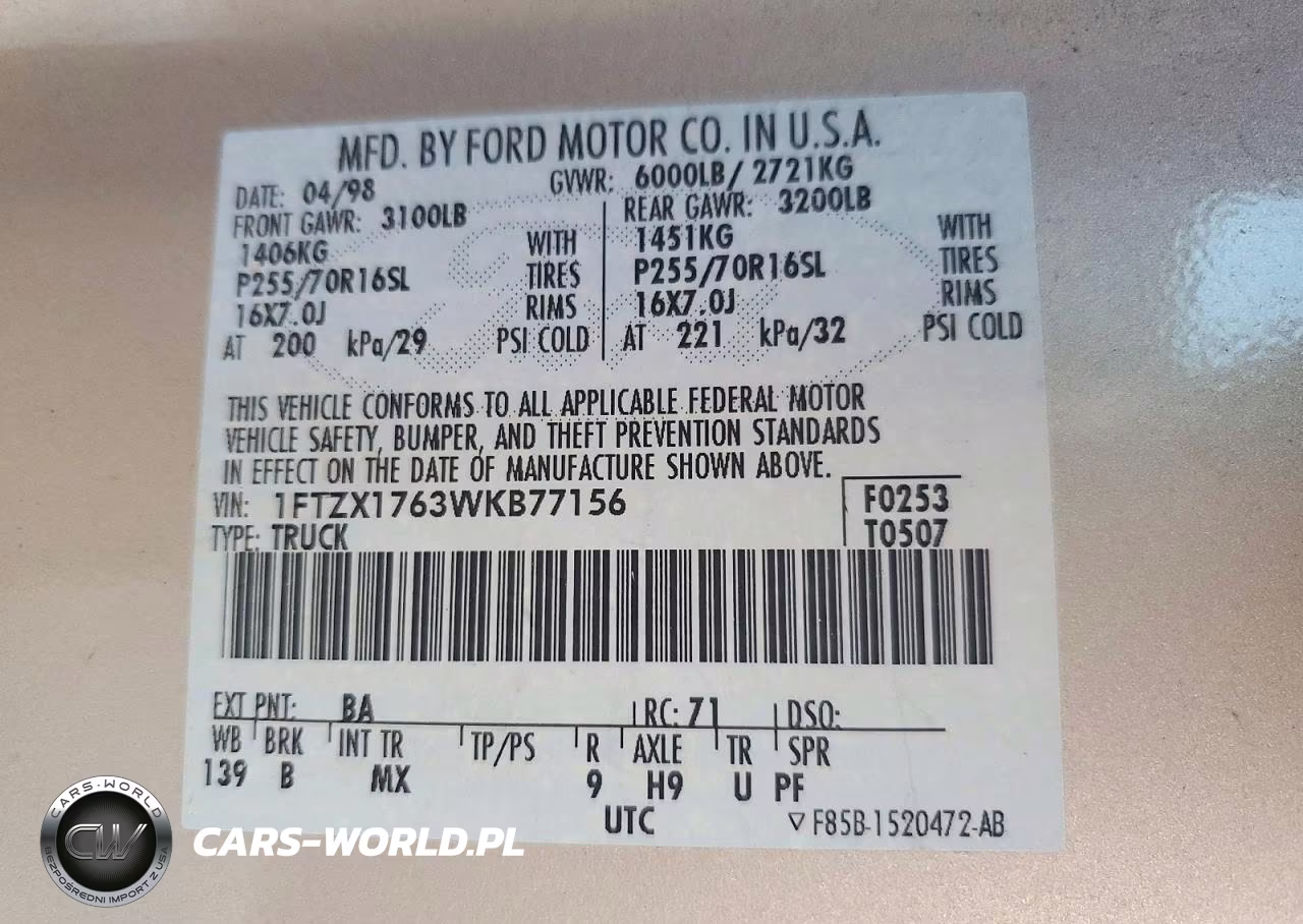 1998 Ford F150 VIN:1FTZX1763WKB77156 - 12