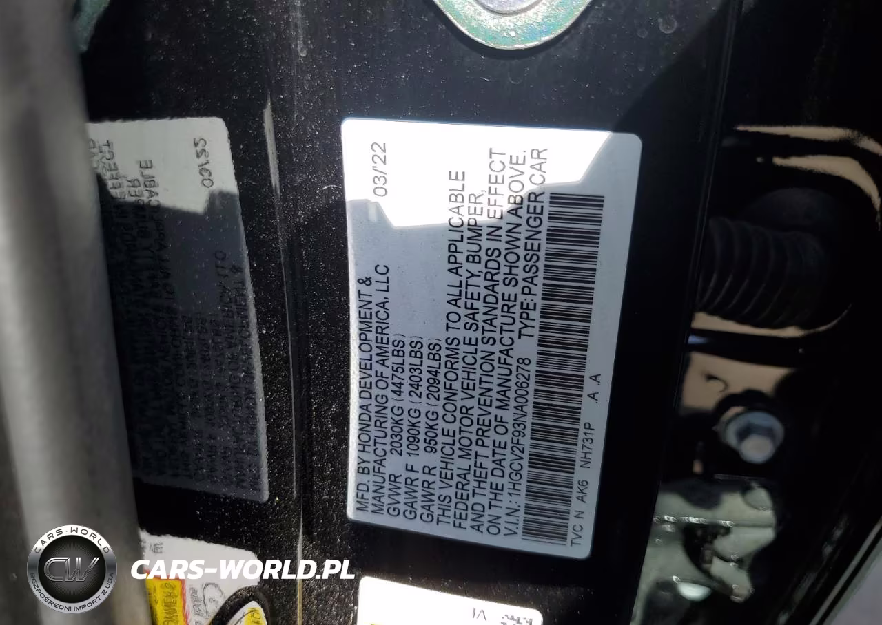 2022 Honda Accord Touring VIN:1HGCV2F93NA006278 - 12