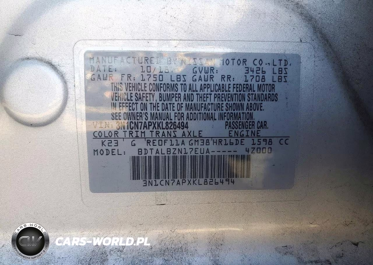 2019 Nissan Versa Sv VIN:3N1CN7APXKL826494 - 12