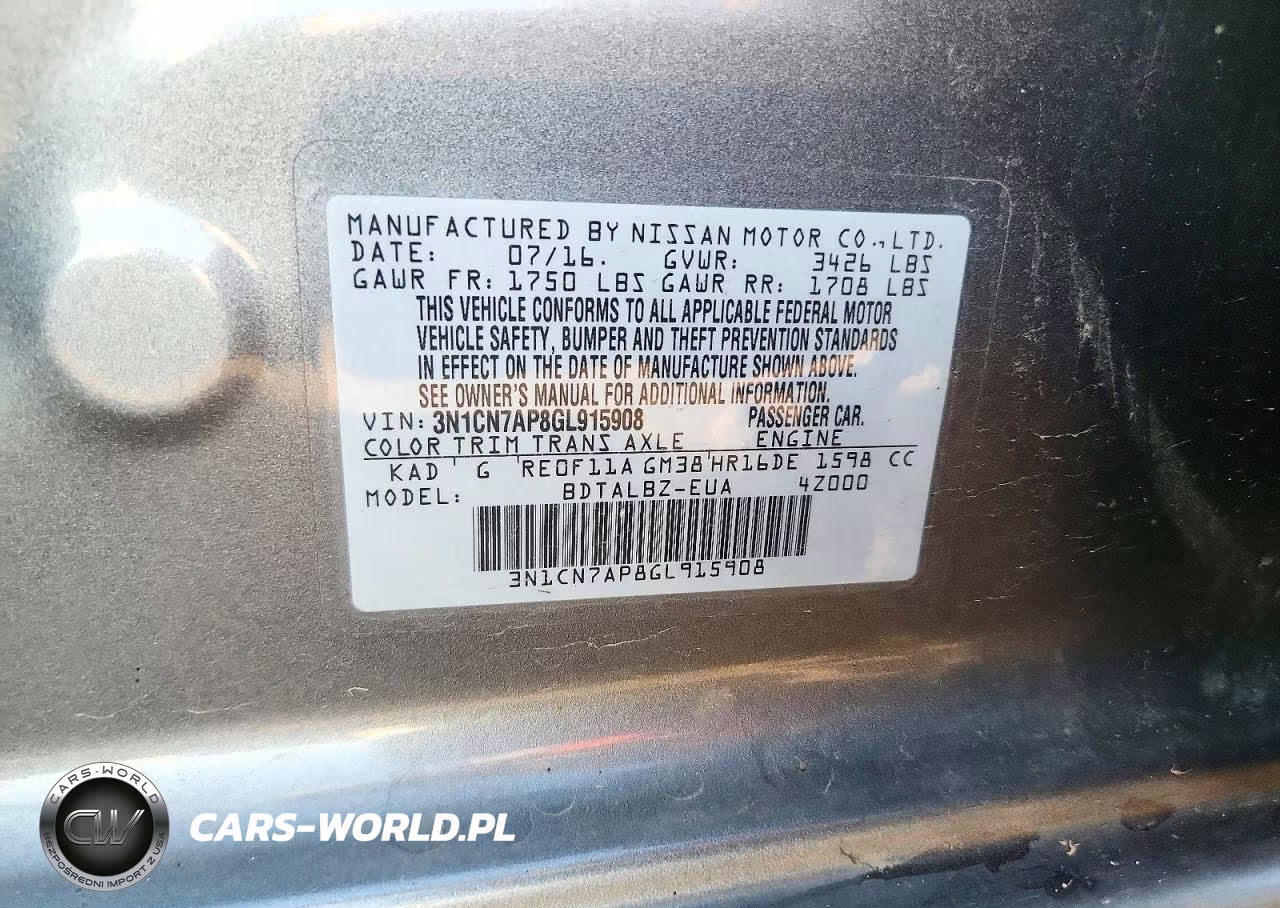 2016 Nissan Versa 1.6 Sv VIN:3N1CN7AP8GL915908 - 12