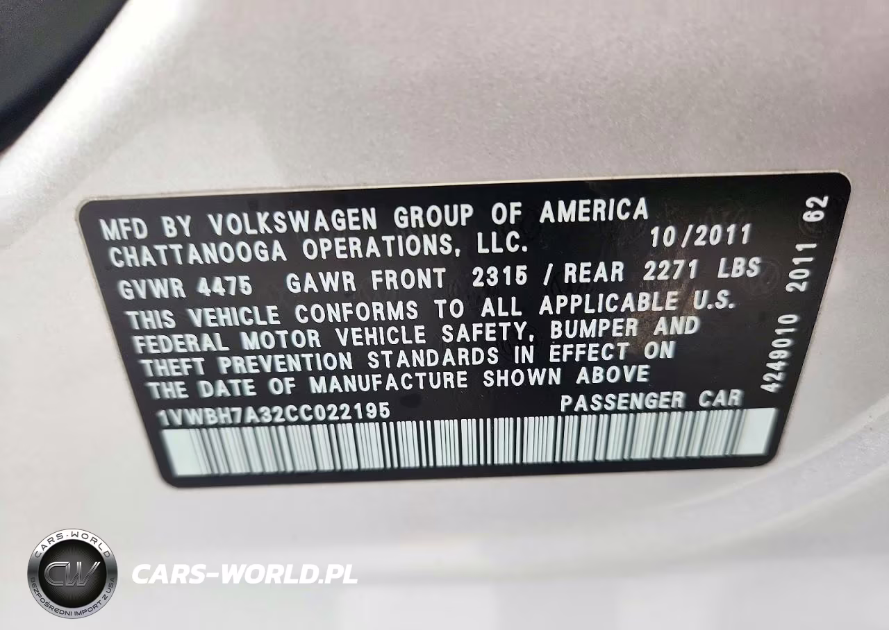 2012 Volkswagen Passat Se VIN:1VWBH7A32CC022195 - 12