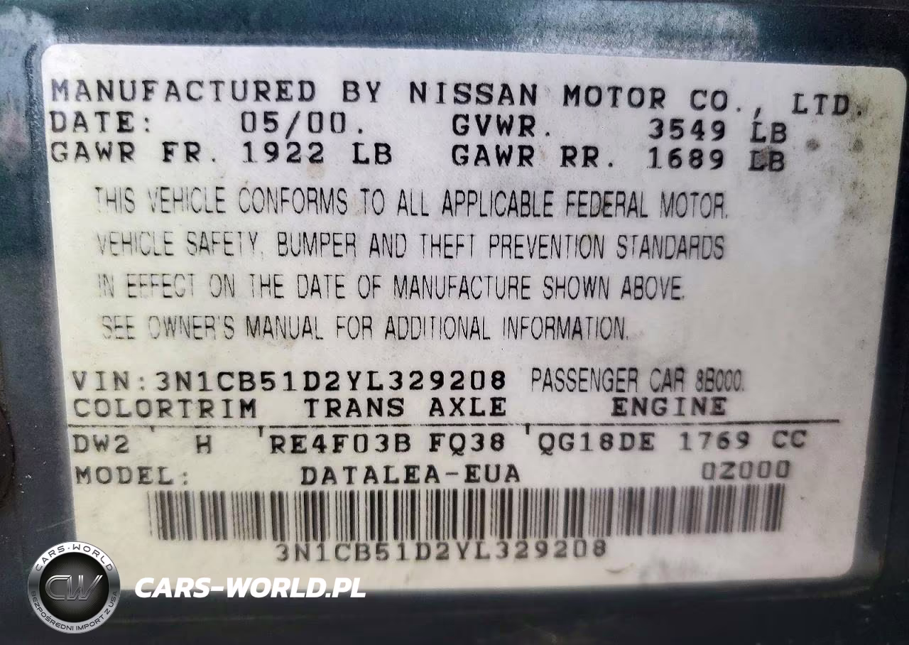 2000 Nissan Sentra Xe VIN:3N1CB51D2YL329208 - 12
